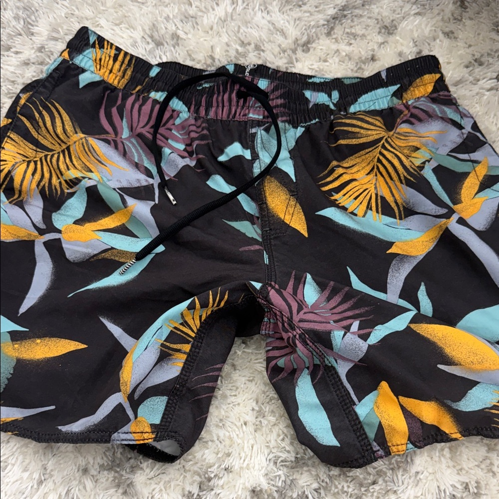 Volcom Black Swim Trunks with Yellow, Teal & Purple Tropical Print